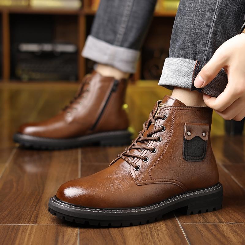 Fashion High Quality Leather Mens Boots Fashion Thick Bottom Outdoor Lace-up Walking Shoes Business Comfortable Mens Casual Boots