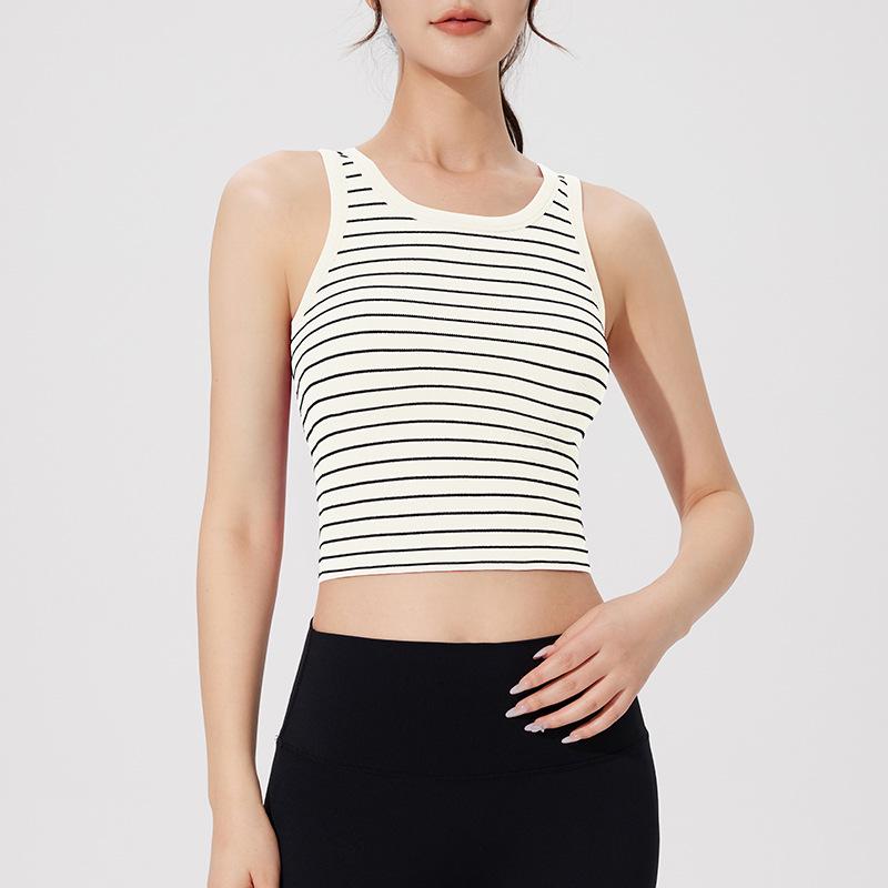 Women's Spring/Summer Slim Fit Striped Tank Top with Chest Pads - Round Neck Camisole Bra