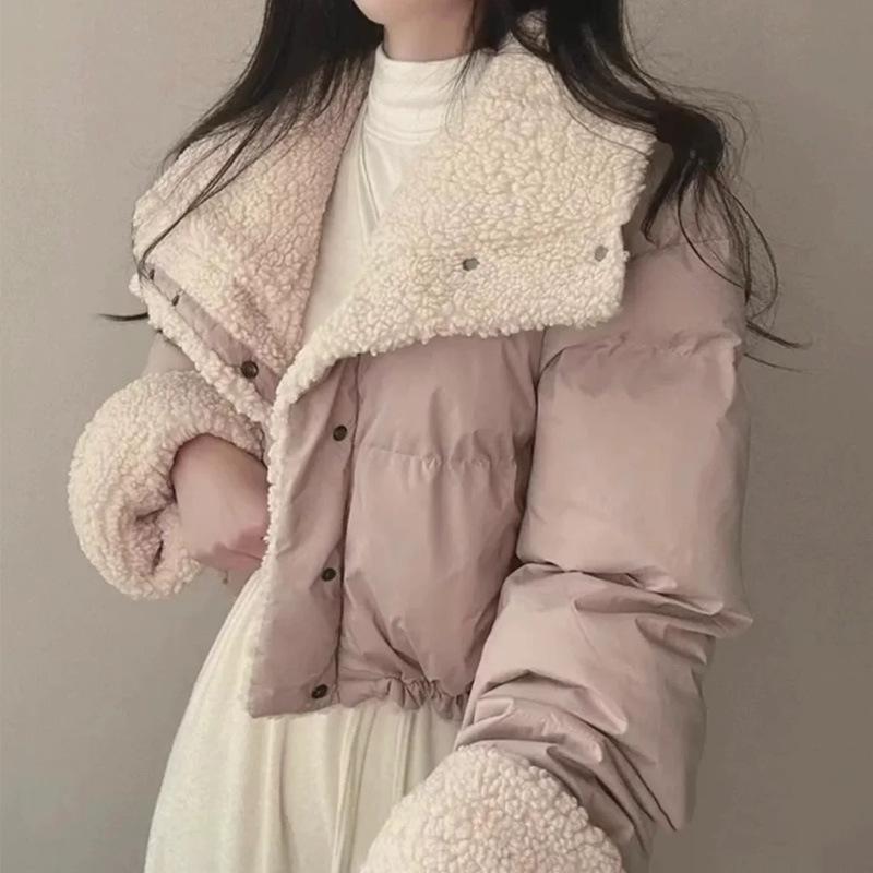 Korean Style Women's Lambswool Winter Coat 2025: Thickened Cotton-Padded Jacket for Casual Petite Warmth