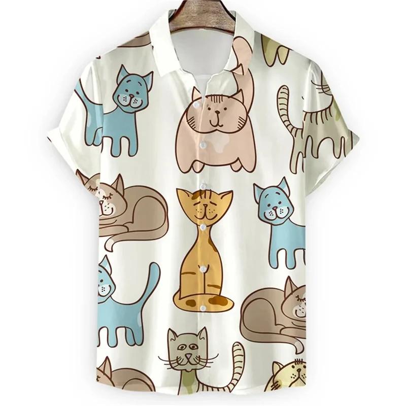 Neues Kawaii 3D Cartoon Anime Katzen Print Hemd für Herren Coole Designs Kurzarm Knopf Hawaiianische Hemden Urlaubs Strand Tops Bluse