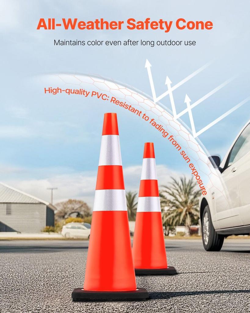 6Pack 36\" Traffic Cones, Safety Road Parking Cone with Black Weighted Base, PVC Orange Traffic Safety Cones, Hazard Cones Reflective Collars for