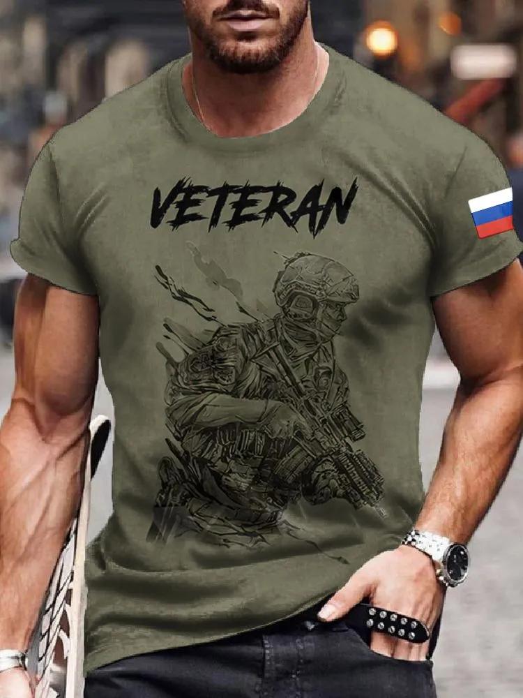 Men's Olive Green Veteran T-Shirt with Russian Flag, Tactical Soldier Print, Patriotic Military Crew Neck Short Sleeve for Men