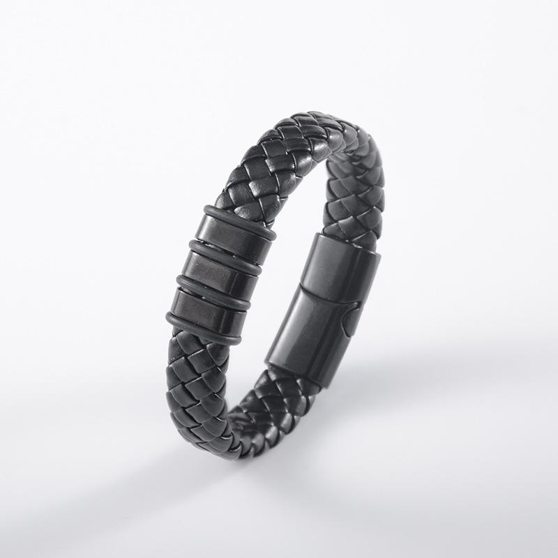 Anti-static Men's Stainless Steel Leather Magnetic Bracelet - European Retro Style