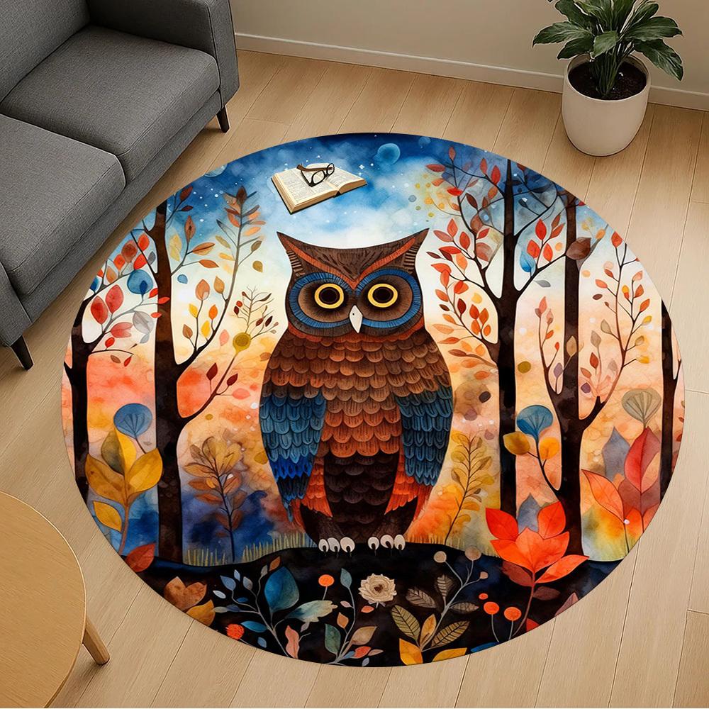 1pc Owl Forest Round Chair mat office Area Rug - Non-Slip, Floor Mat for Office, Bedroom, Ideal home decor gift p0105009