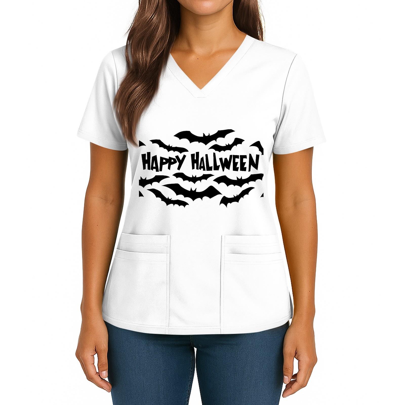 

Women s Halloween Printed V-Neck Double Pocket Short Sleeves Hem Slit Uniform Caregiver Top L чорний