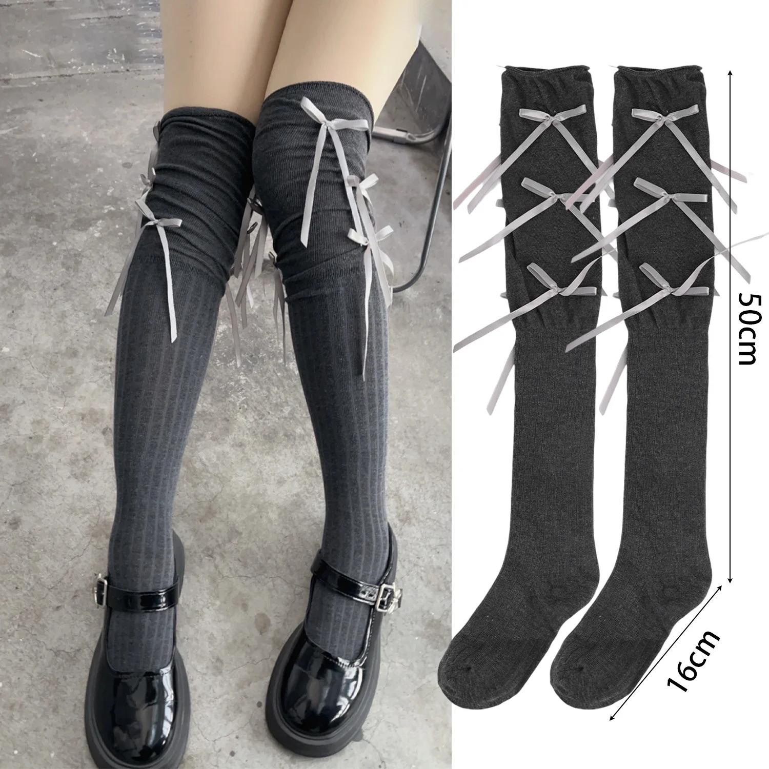 Lolita Lange Socken Damen Bandage Band Schleife Süße Mädchen Kawaii Niedlich Über Knie Socken Ballett Stil Einfarbig Schwarz Weiß Socken One Size