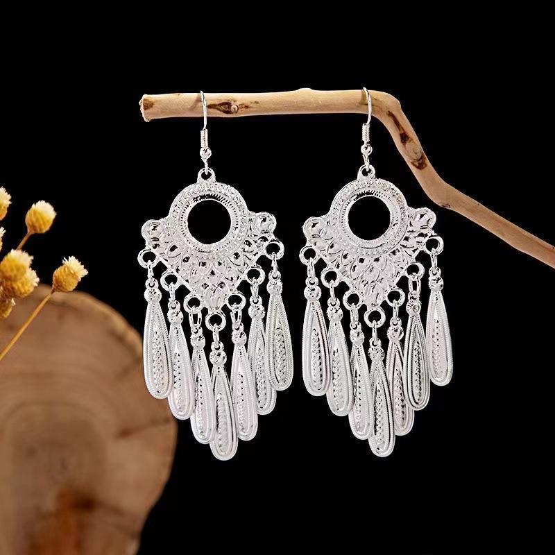 Turquoise Earrings Bohemian Drop Ear Earrings with Tassels, Geometric Alloy, Retro Style, Boastful Ear Accessories