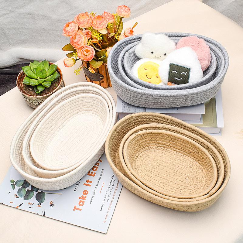 Nordic Minimalist Woven Cotton Rope Storage Basket - Round & Oval Options for Desktop, Ornaments, Bedside Storage