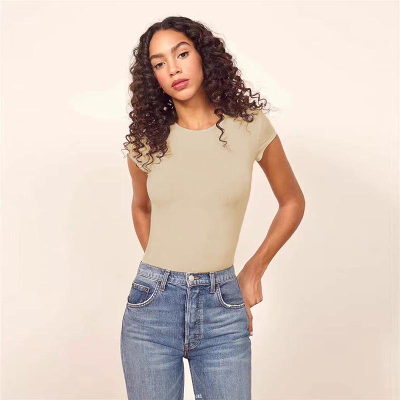 GMXIA Summer Short Sleeve Women's Sexy Tight Cotton Ribbed O-Neck Bodysuit