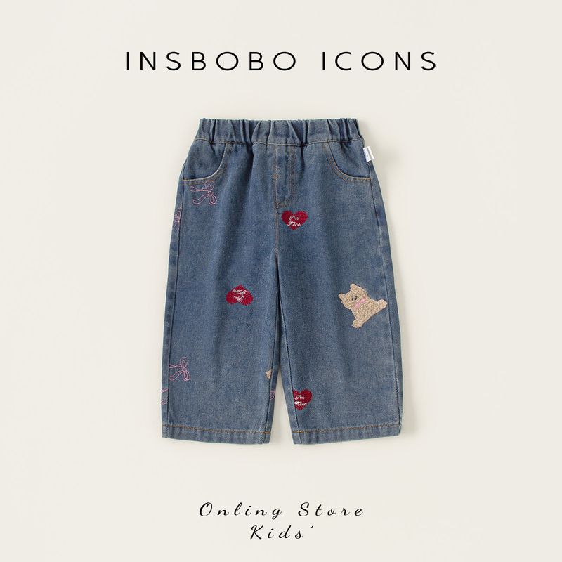 Girls  Pants Spring New Children s Clothing Baby Jeans Cartoon Straight Pants Little Girls  Stylish Clothes Spring Wear Cowboy Blue 90