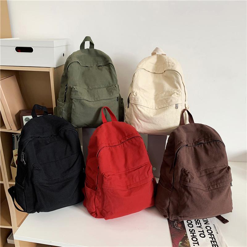 School Bag Vintage Style Washed Canvas Backpack for Women, for Junior High, High School, and College Students, Simple Solid Color Backpack