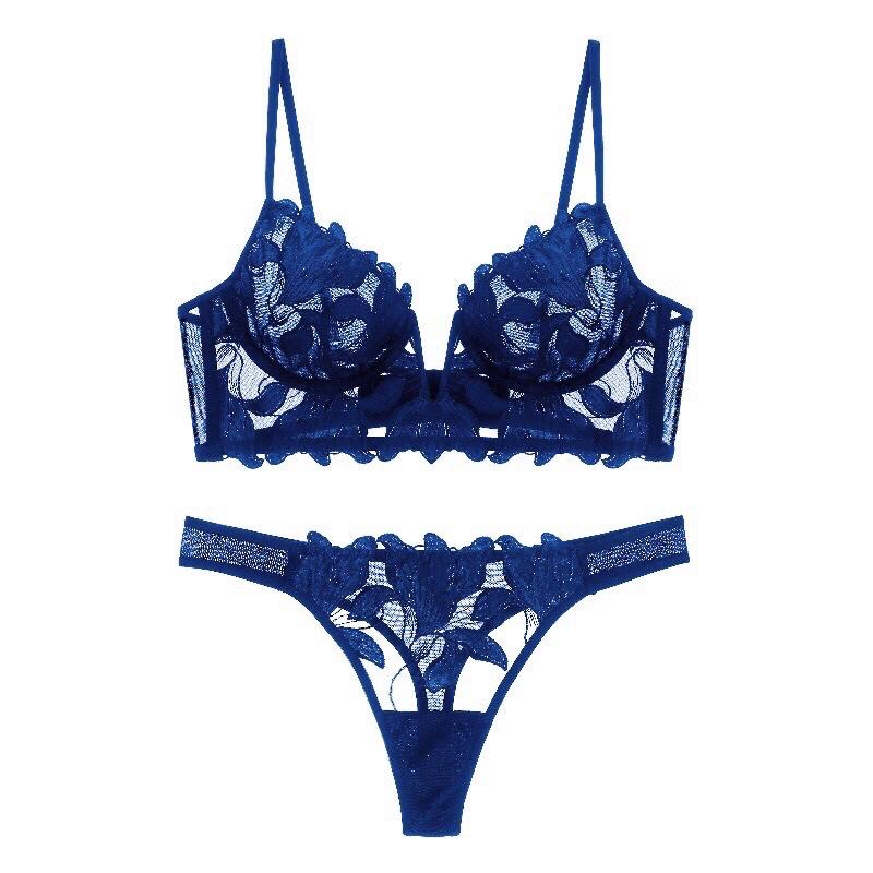 French Lace Push-Up Bra Set with Lily Embroidery & Mesh
