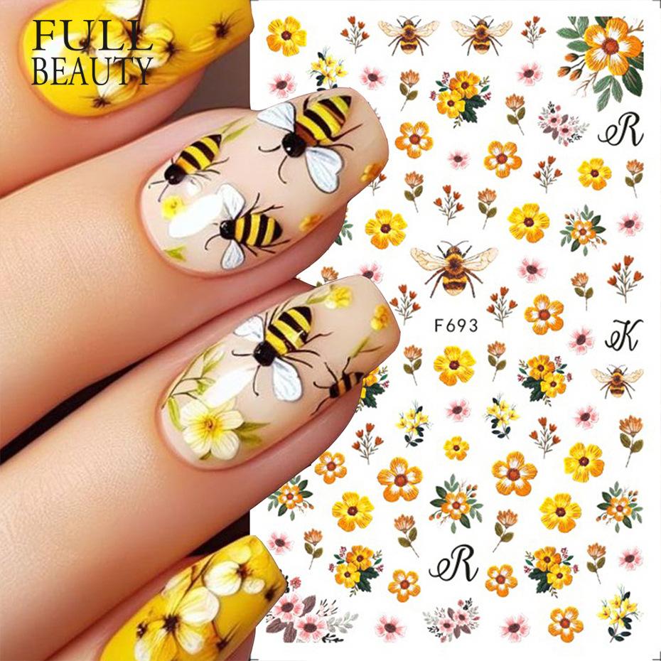 Nail Art Sticker Ins Small Fresh Yellow Flower Bee Chrysanthemum Back Glue Nail Sticker