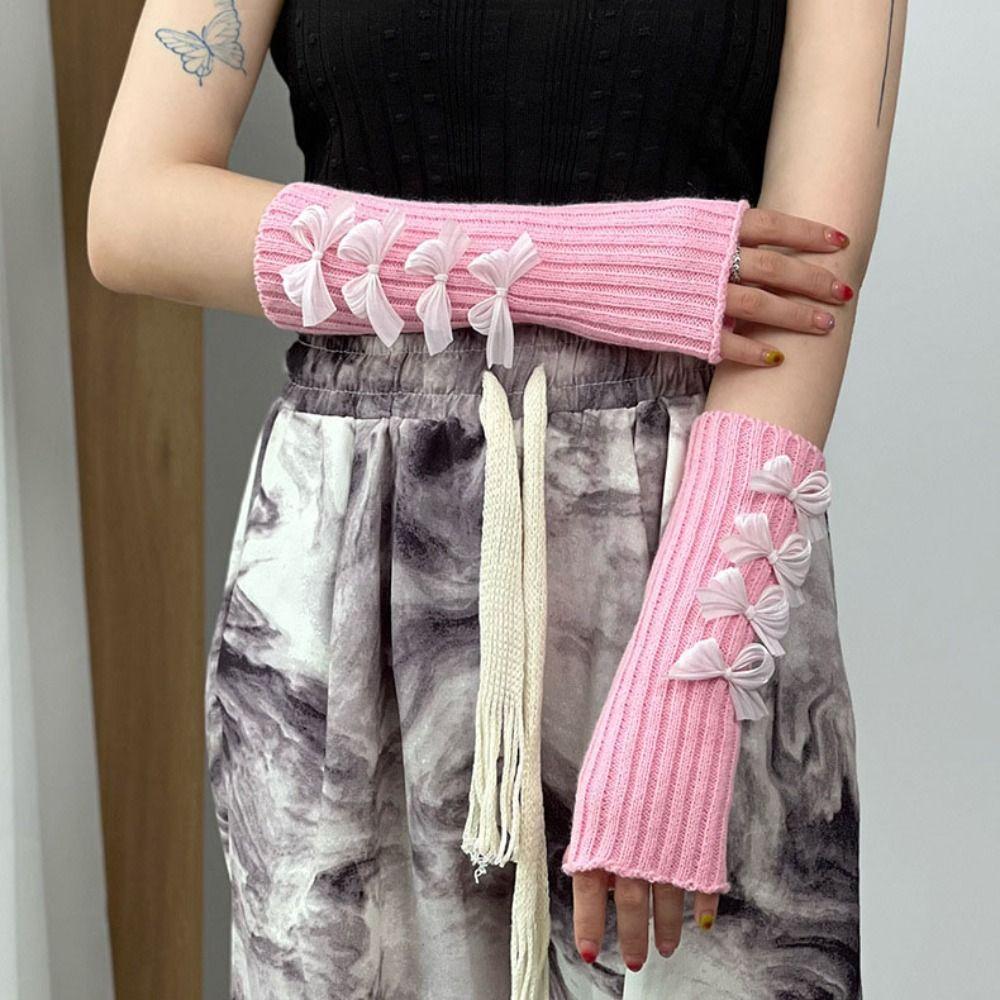Solid Color Arm Warmers Gothic Wool Sleeve Cuff Punk Bow Knitted Gloves  Girls