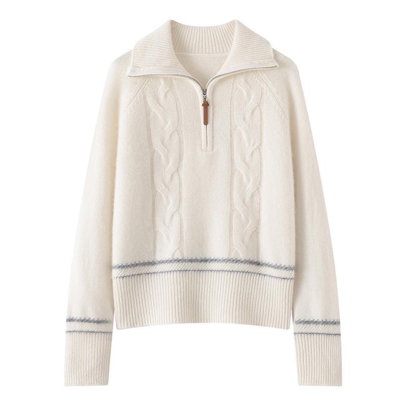 Lekasha Women's High Neck Cable Knit Cashmere Sweater - Warm for Autumn & Winter, White