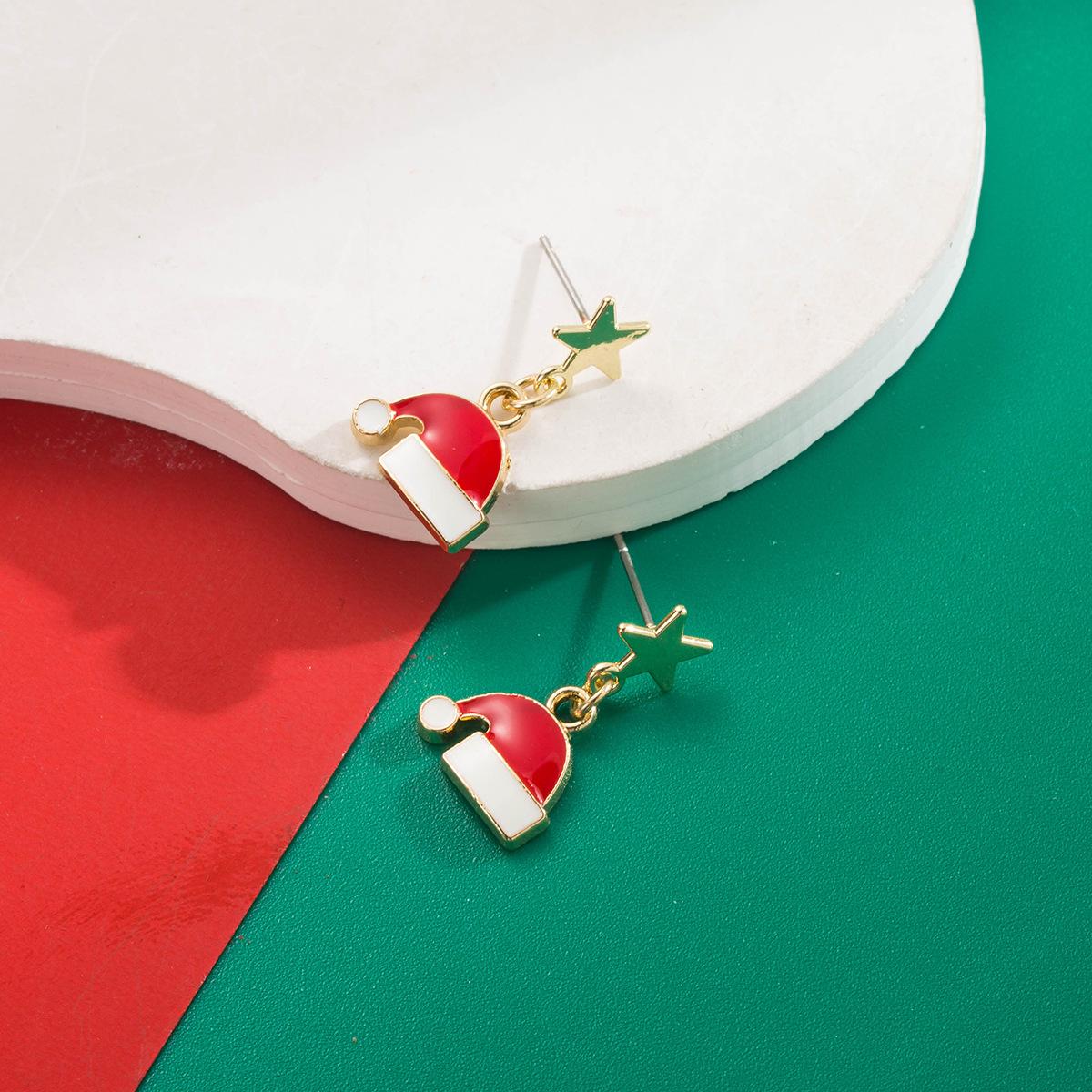 

Cross-Border Christmas Festival Personalized Earrings Simple Bell Christmas Hat Wand Asymmetric Stud Alloy Oil Drop Earrings Christmas Hat