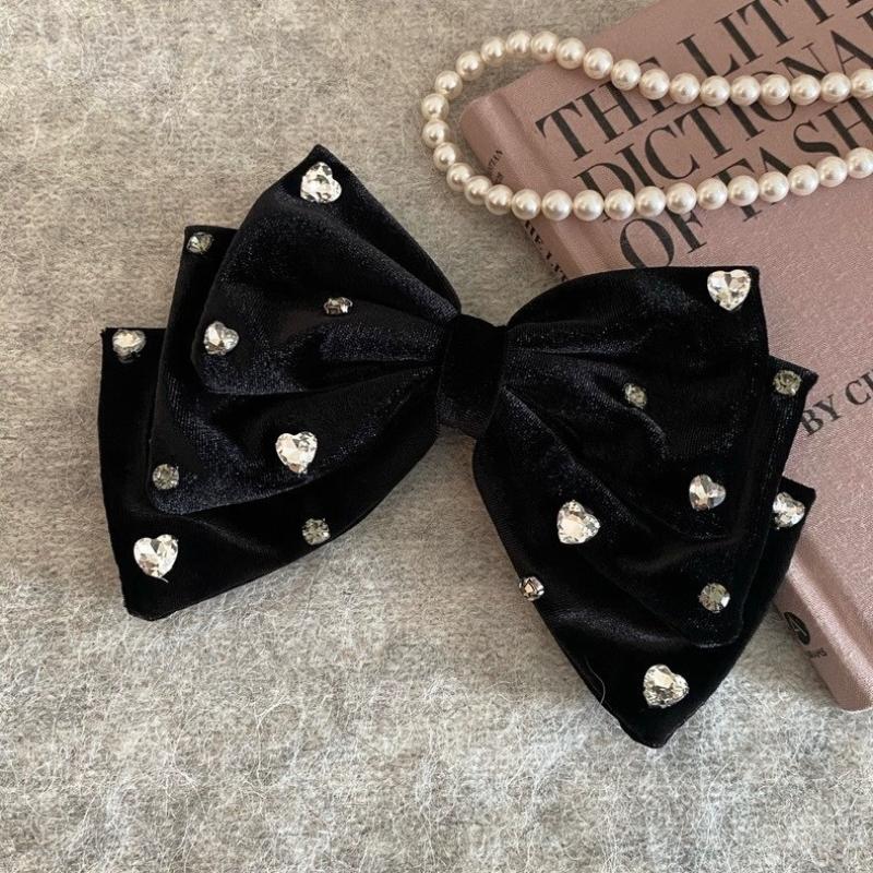 Elegant French Bow Rhinestone Hair Clip For Women Black Adorned Hairpin With Large Statement Bow Sparkling Hair Accessories