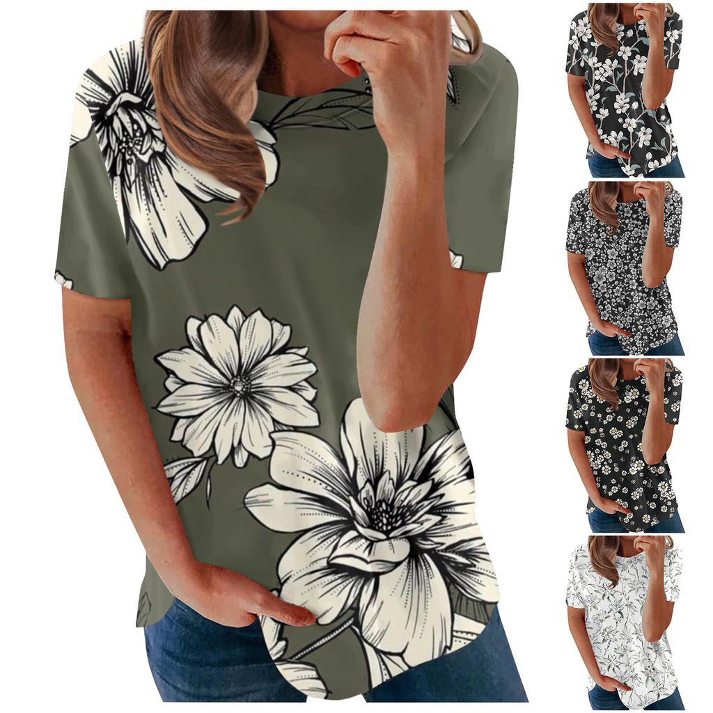 Women's Printed Short Sleeves Round Neck Vintage Short Sleeves Summer Loose Tops Tops Women's Summer T-Shirts