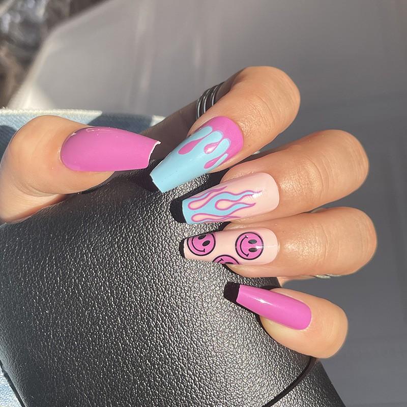 Medium-Long Ballet Style Press-On Nails With Purple Smiley Flame Design Sweet Aesthetic Nail Tips