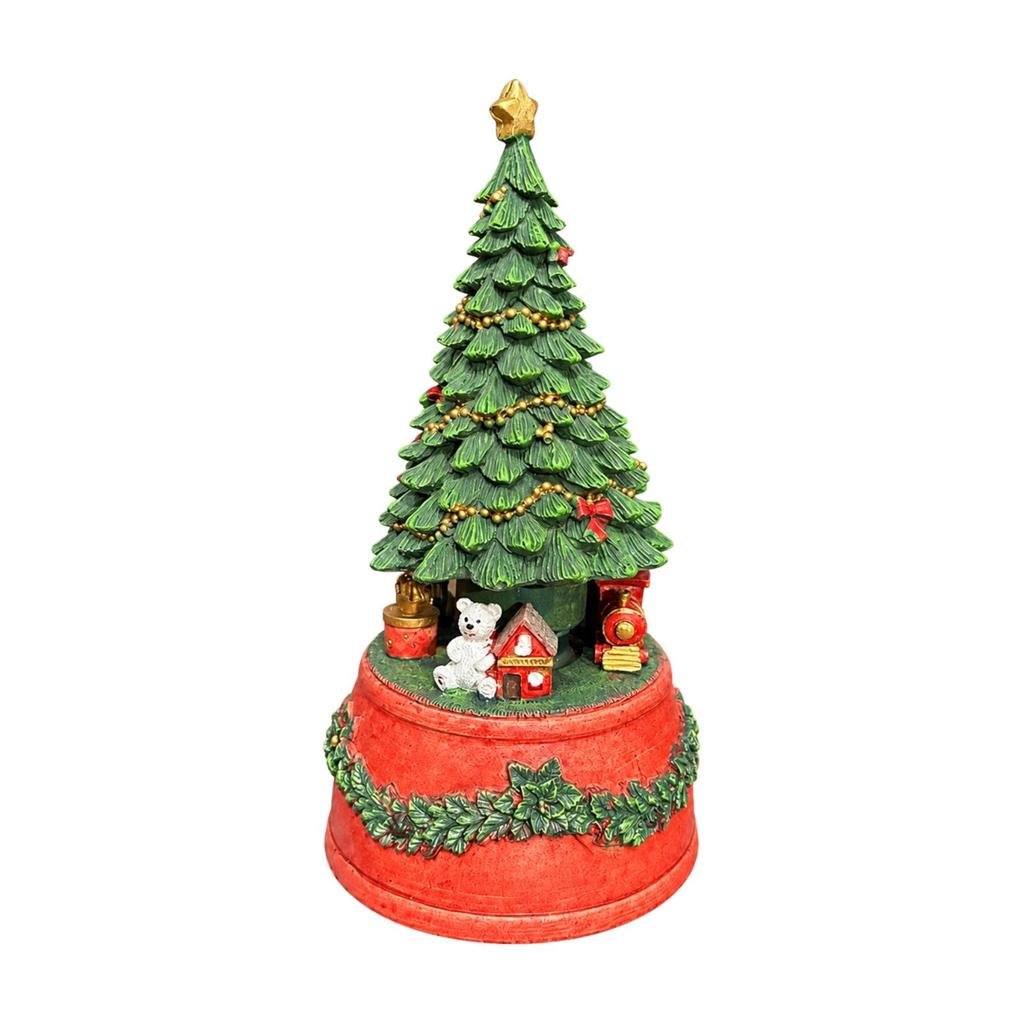 Holiday Ornament Festive Carved Conifer Tree Music Box with Decorative Base for Shelf Decoration,