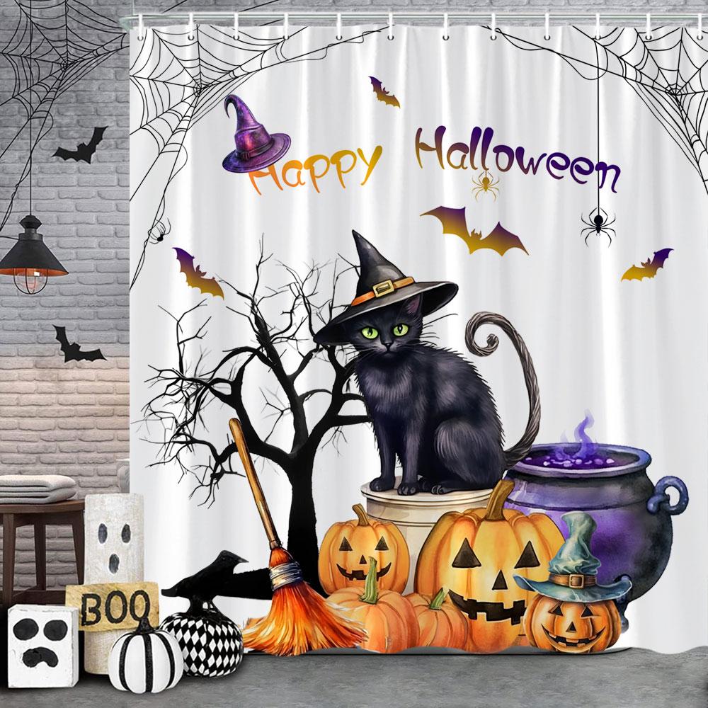 Funny Cat Halloween Shower Curtain Pumpkin Spider Animal Holiday Gift Polyester Curtains Bathroom Decor Hooks For Made Of