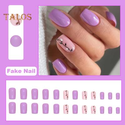 24Pcs Cute Purple-Color Gel Fake Nails Flat Head Press-On Nails Wearable False Nails Full Cover Artificial French Tip DIY Nail Art Accessories
