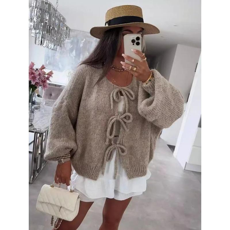 Solid Color O-neck Lace-up Knitted Cardigan Women Autumn Winter Streetwear Casual Simplicity Sweater Coats