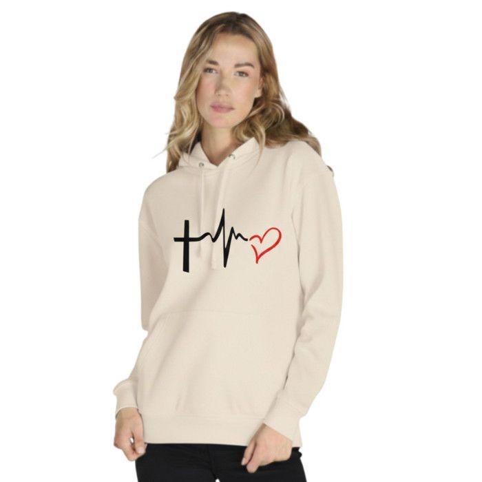 Sweat Capuche - NPZ - Saint-Valentin - Design Battement de Cœur - Poche Kangourou - Beige
