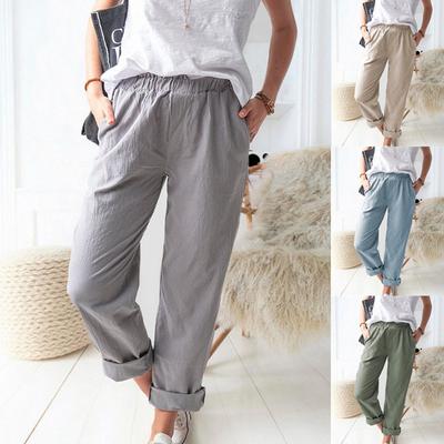 Women New Summer Cotton Linen Pants Solid Color Casual Stretch High-waist Straight-leg Pants