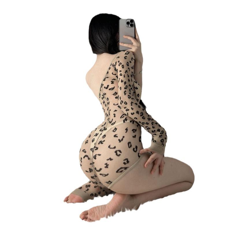 Sexy Lingerie Sexy Onesie Flirting Open-file Tethered Seduction Bed Passionate Hot Leopard Print Mesh Suit Women