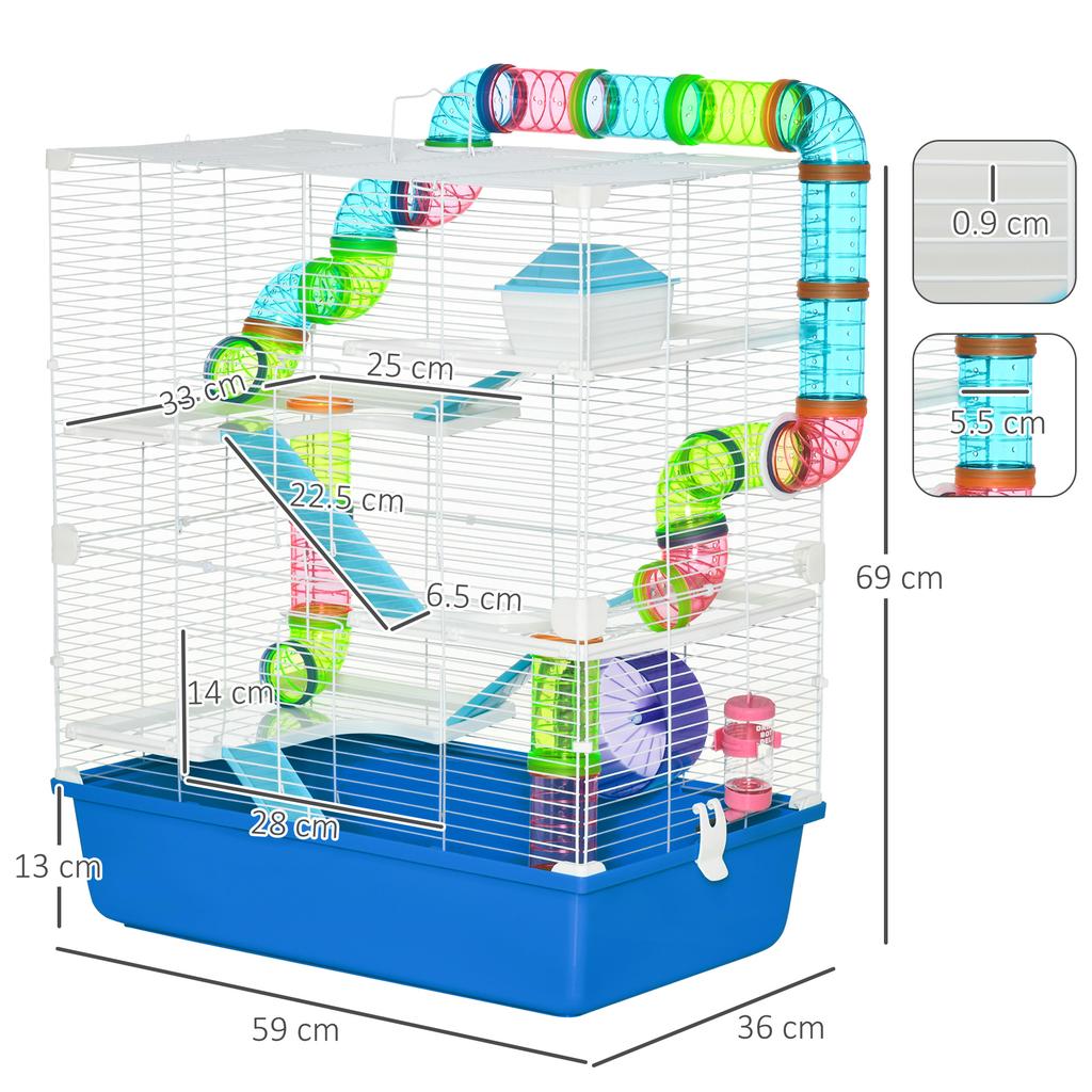 5-Tier Hamster Cage with Tubes, House, Tank and Wheel, Made of Steel, PP and PS, 59x36x69 Cm, Blue and White