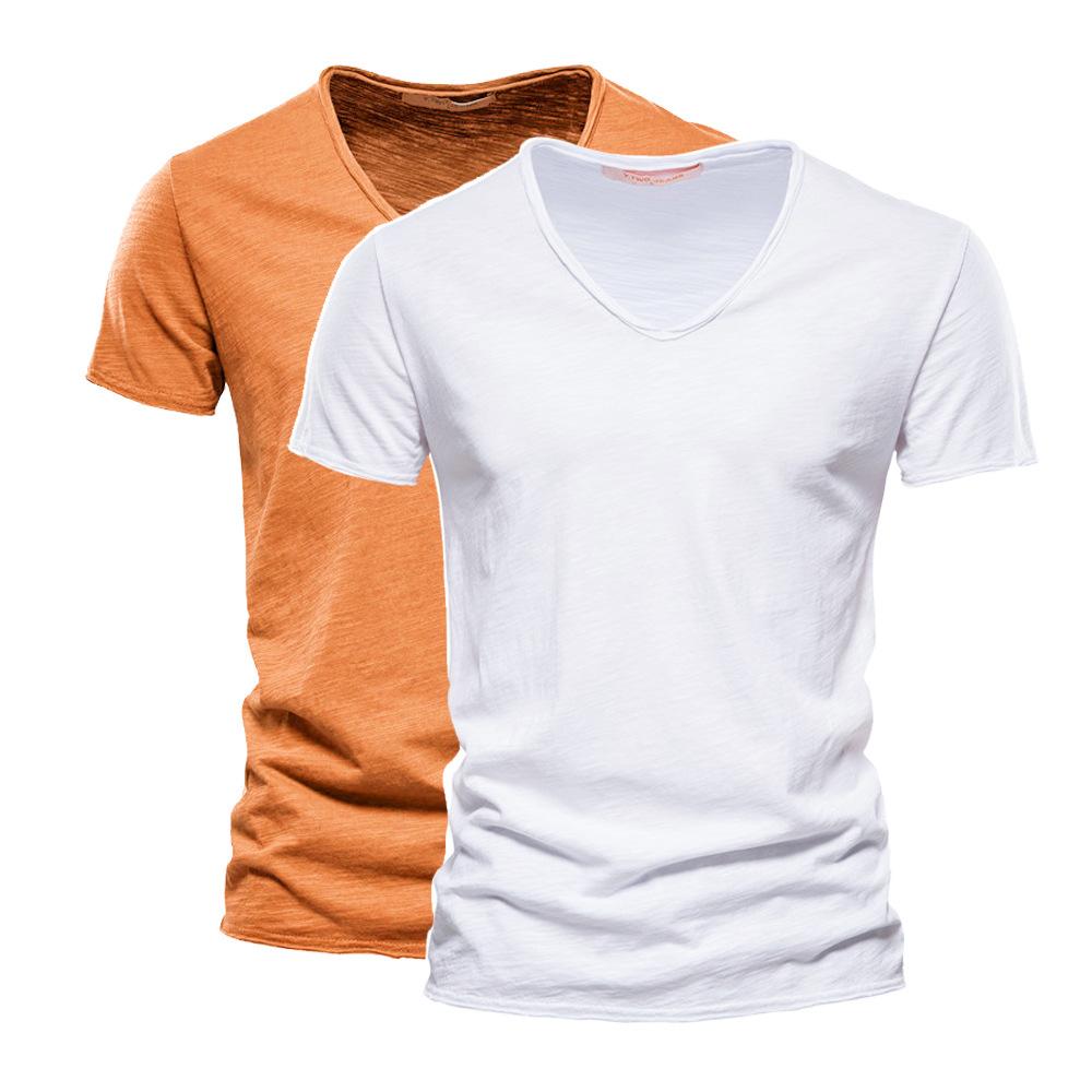 2 PC Summer Men'S New Solid Color Bamboo Cotton V-Neck Short Sleeved Pure Cotton T-Shirt
