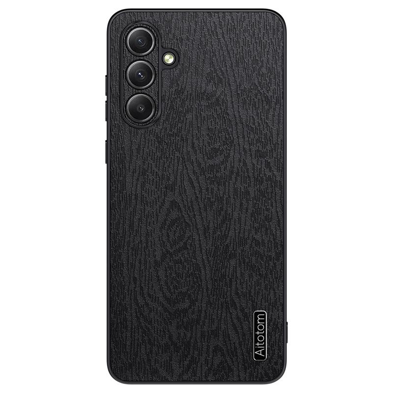 

For Samsung Galaxy S24 FE Case Wood Grain PU Leather Coated PC+TPU Phone Cover A