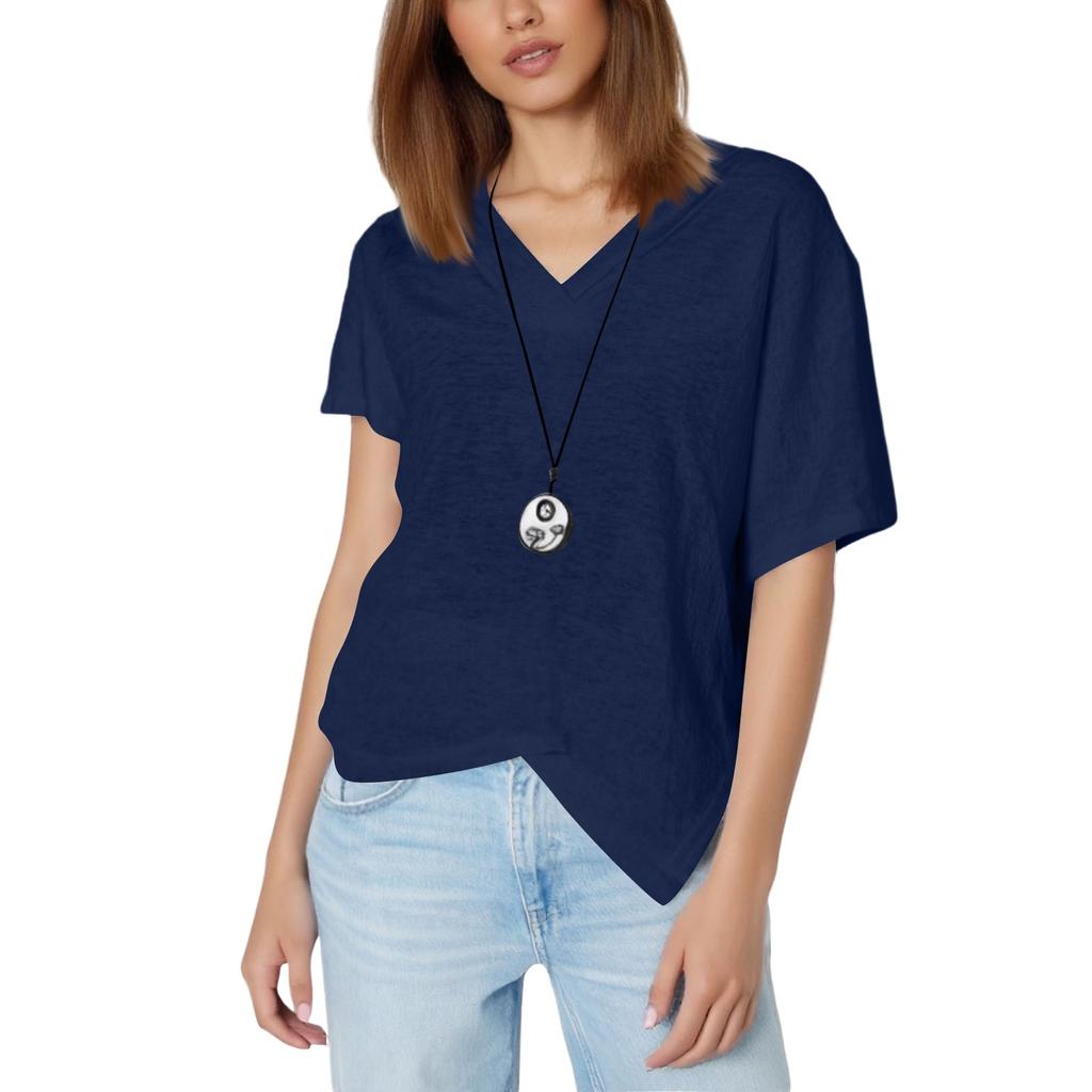 Lockeres Kurzarm-Oberteil aus Baumwolle und Leinen für Damen