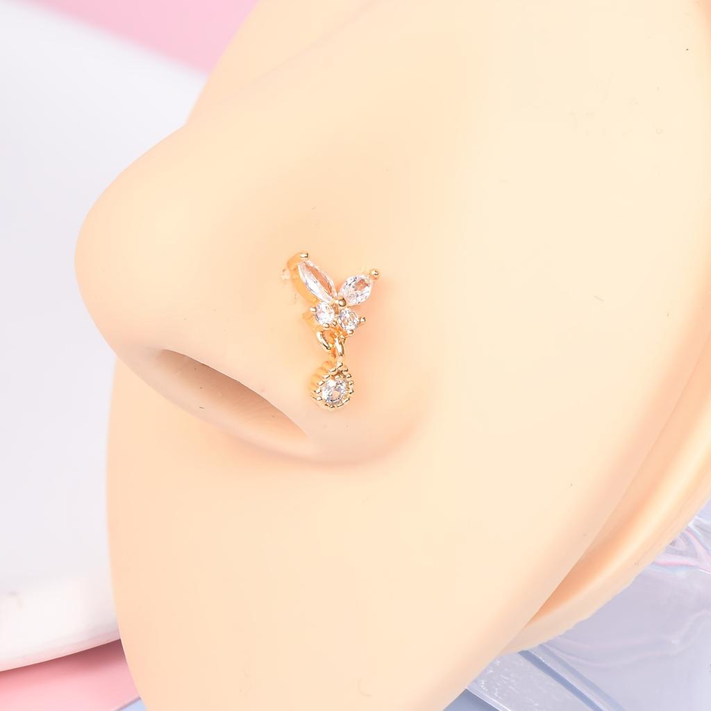 1pc L-Shaped Nose Ring Piercing - Stainless Steel Hypoallergenic 5-Petal Flower Pendant, French Nose Stud for Women