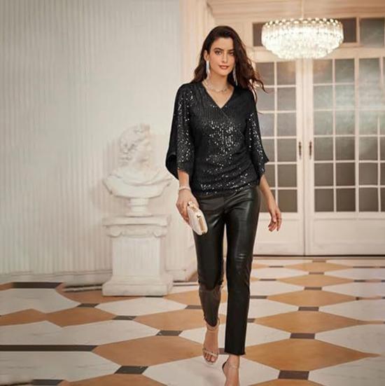 Dámská jarní a podzimní móda Flitrové bokovky s rukávem na trumpetu s výstřihem do V Úzký společenský svetr