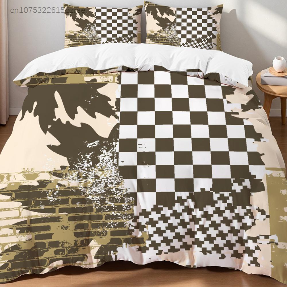 Black White Plaid Bedding Set Floral Embroidery Traditional Ethnic Style Duvet Cover Pillowcase Breathable For Home Bedroom