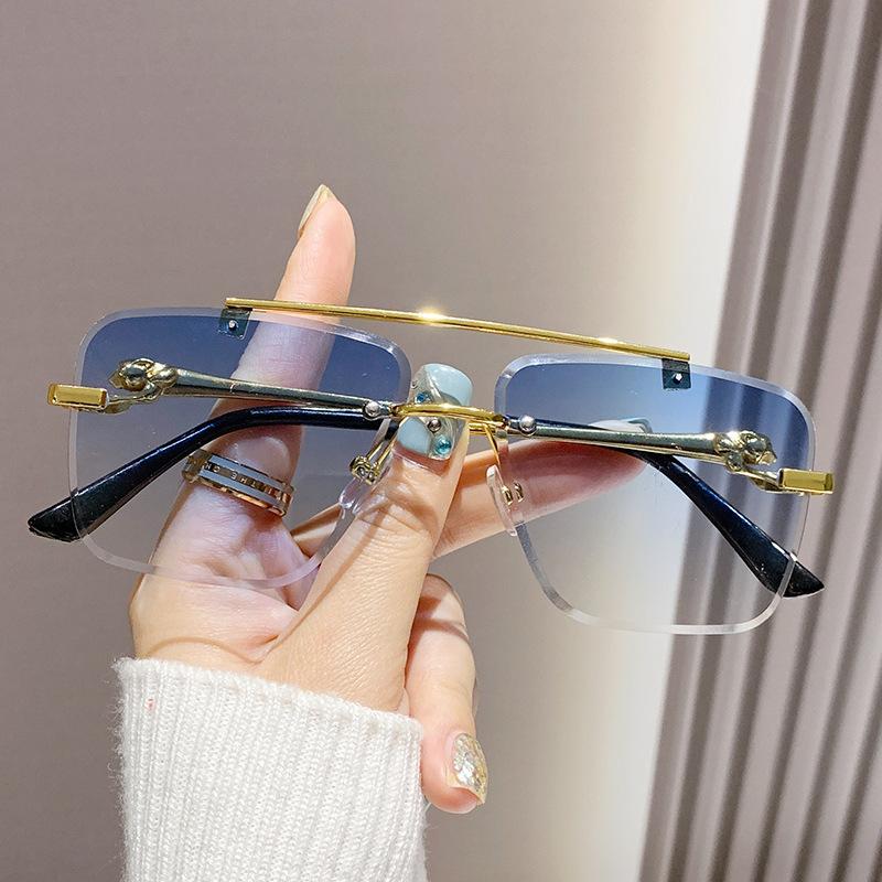 Rimless Square Pilot Sunglasses Women For Men Fashion Vintage Luxury Brand Designer Sun Glasses Punk Metal Gold Leopard Shades