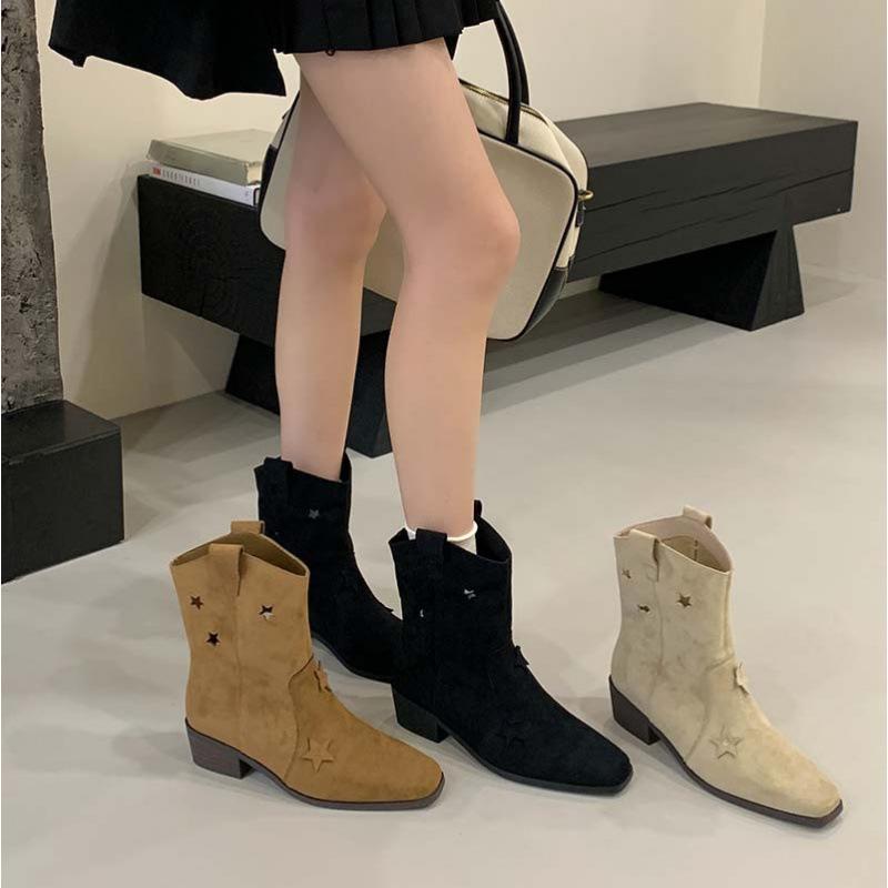 

Anti-fur short boots hollow stars western cowboy boots 2025 autumn boots V-mouth thin thick-soled medium boots 40 абрикосовый
