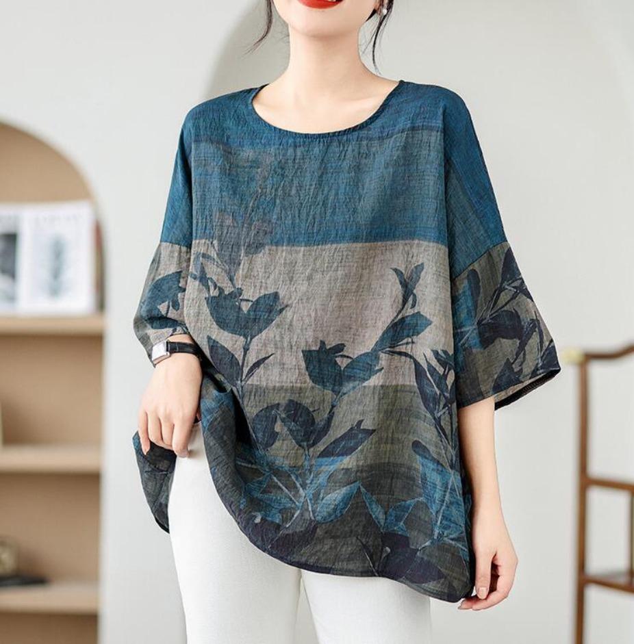 

Летняя блузка из конопляного хлопка в этническом стиле с рукавами «летучая мышь», свободная футболка большого размера с круглым вырезом, повседневная, удобная для женщин one size
