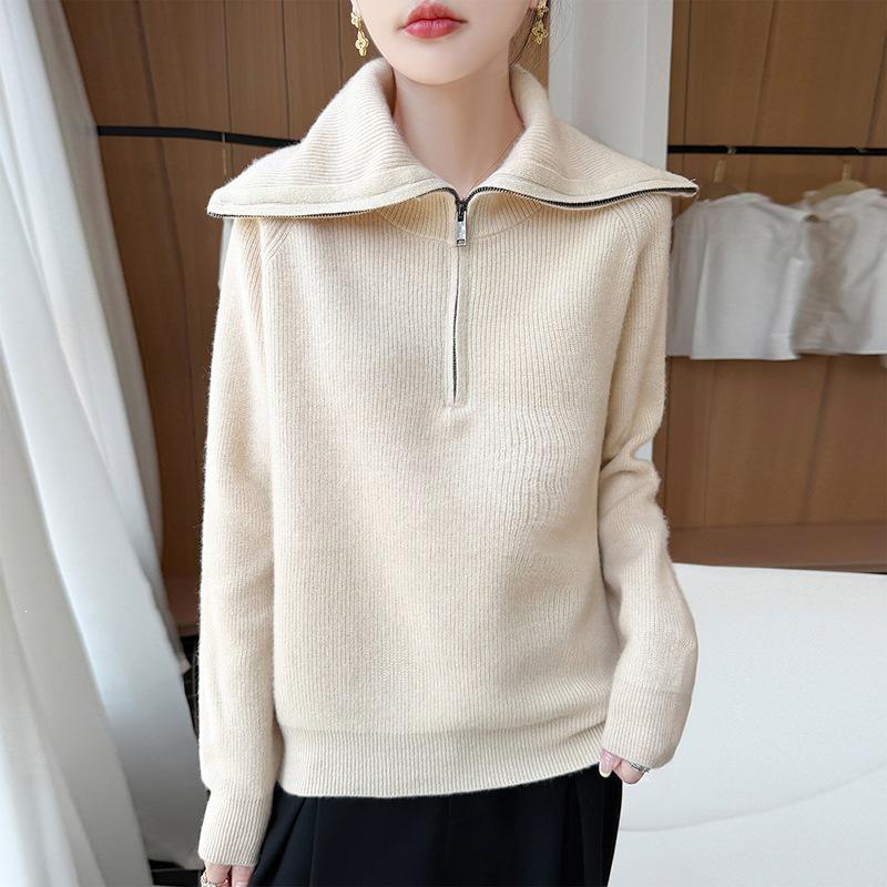 2026 Women's Autumn/Winter Pure Wool Lapel Half-Zip Knitwear Long Sleeve Pullover Sweater
