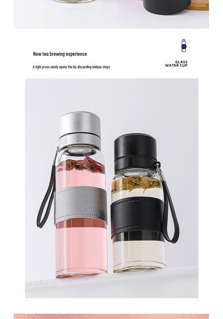 Portable Glass Water Bottle with Lanyard - Quick Open, Tea Separator, High-Capacity Borosilicate Glass