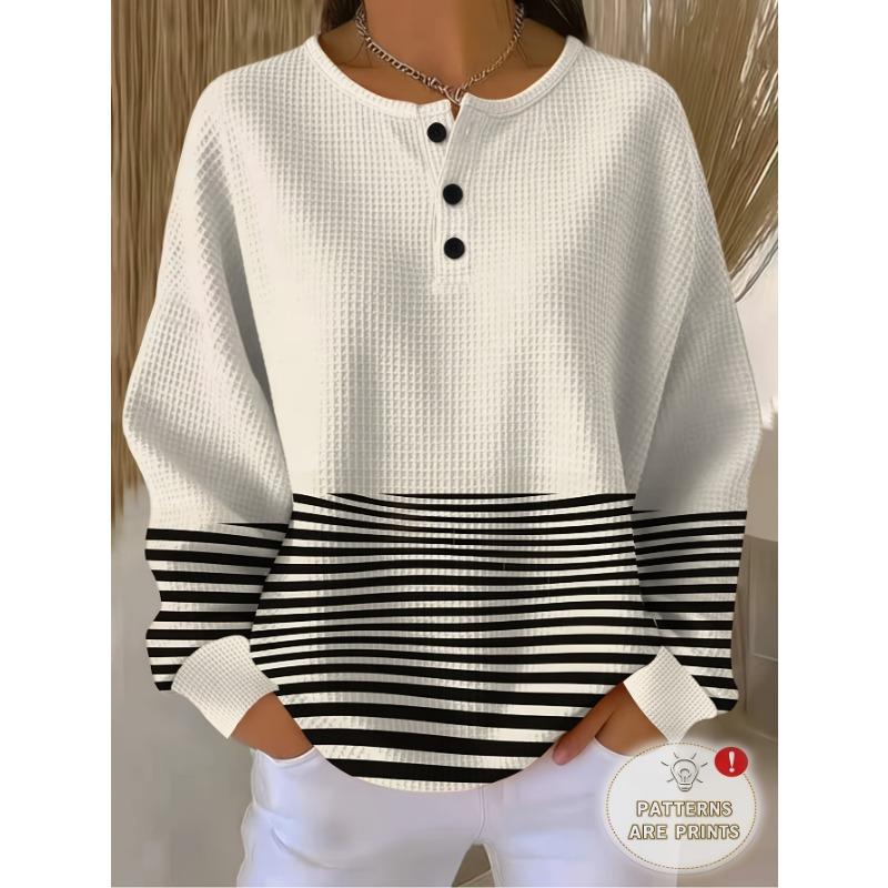 Women's Three-Button Henley Collar Waffle Long-Sleeve Top, Featuring a Contrasting Stripe Patchwork Design.