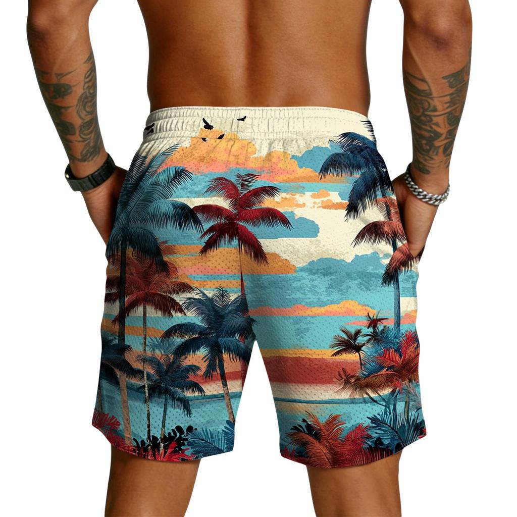 Men's Casual Hawaiian Print Drawstring Shorts Lightweight Quick Dry Beachwear Five Inch Inseam Swim Trunks with Pockets
