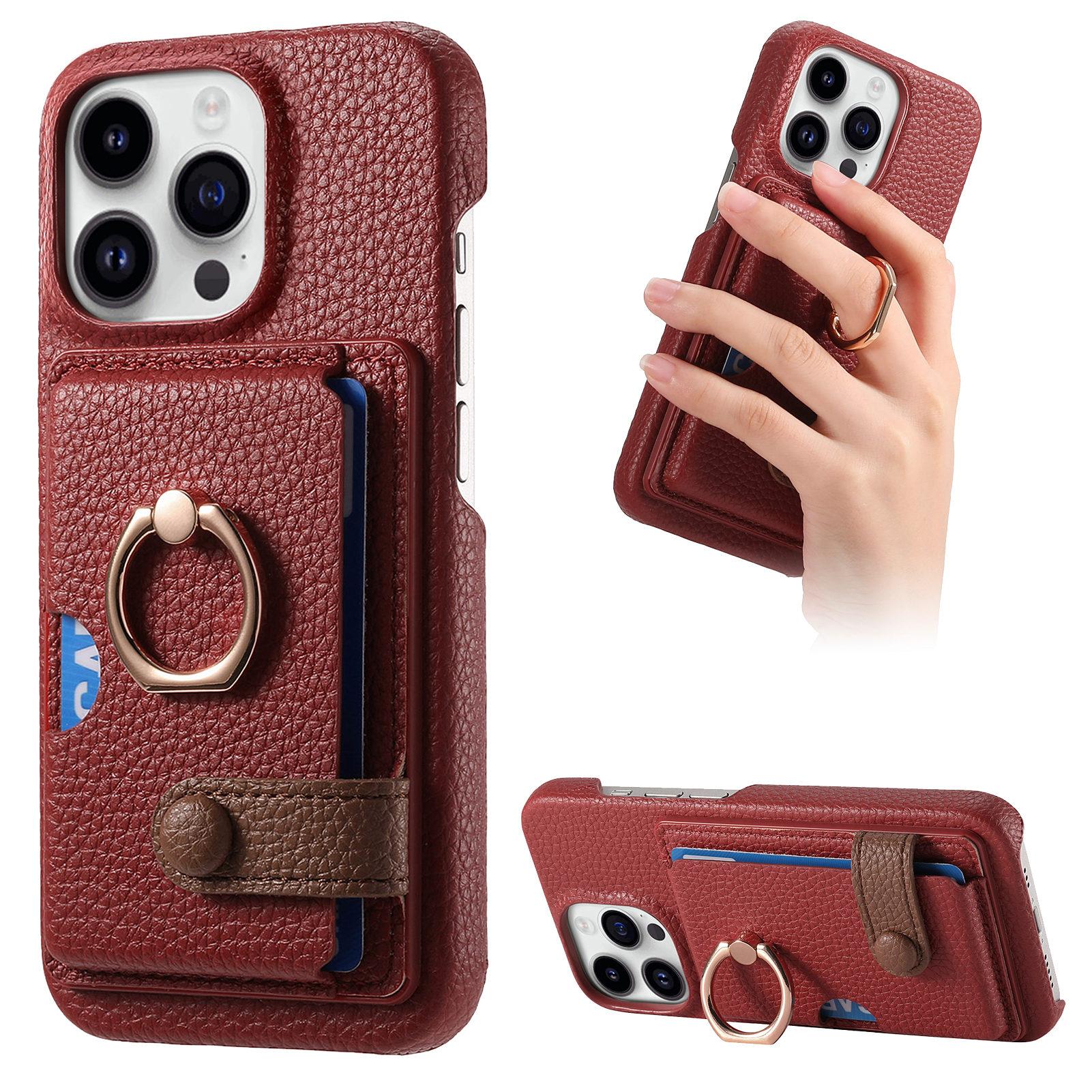 

Y2 For iPhone 16 Pro Case Ring Holder Kickstand Card Slot Leather Phone Back Cover Red