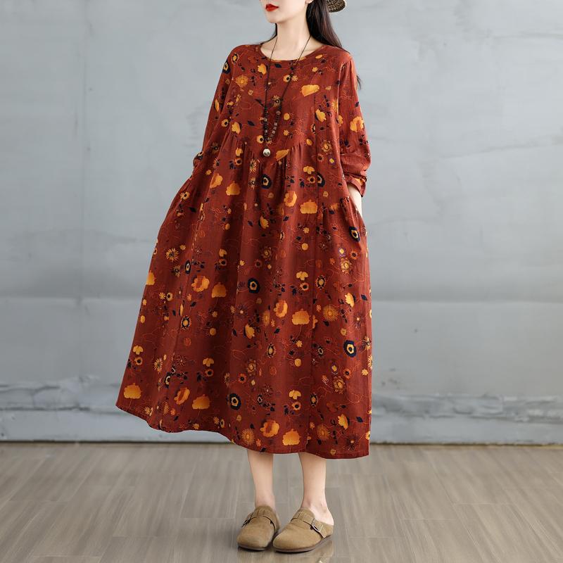 

DIMANAF 2025 Женское Весеннее Длинное Платье Большого Размера Свободное Базовое С Принтом Винтажное Повседневное Цветочное Оверсайз С Длинным Рукавом Макси One Size оранжевый