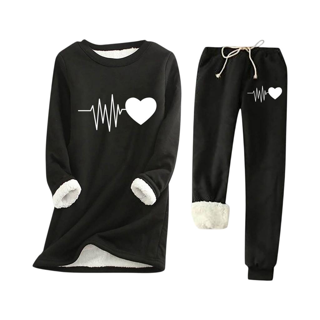 Dámský volný a pohodlný top s kulatým výstřihem, potiskem ve tvaru srdce a dlouhým rukávem, silný, se sadou bavlněných kalhot