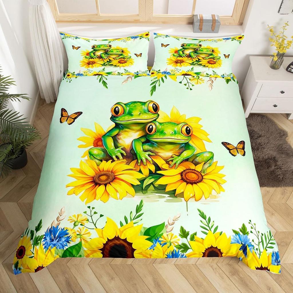 Kawaii Frog Duvet Cover Cute Frog Bedding Set For Boys Girl Blossom Flowers Floral Comforter Cover Cartoon Farm Animal Bed Cover