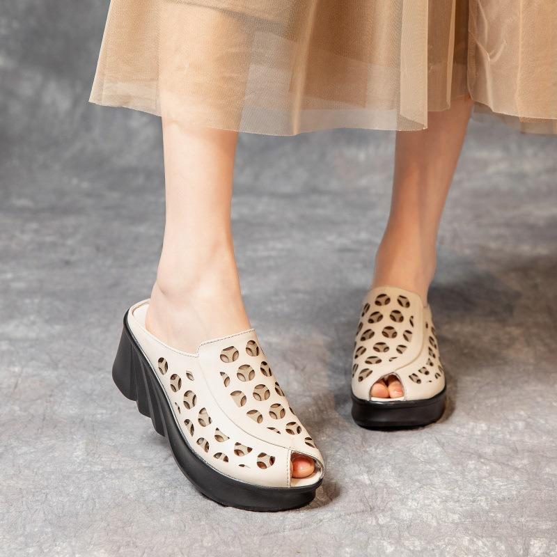 

Женские сандалии ретро новые на толстой подошве кожаные с открытым носком танкетки летние шлепанцы 37