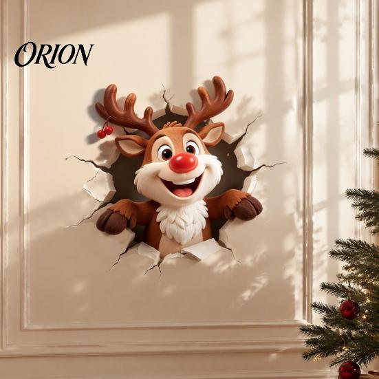 DIY Christmas Wall Scene Reindeer Decal, 3D Hole Illusion Red Nose Rudolph Sticker, Elk Window Clings Peel And Stick Waterproof PVC Decor for
